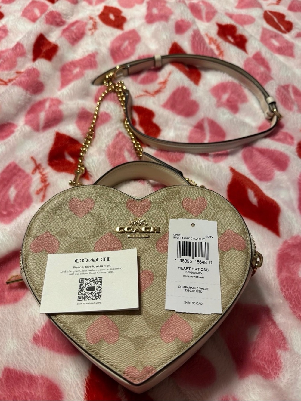 Coach Pink Heart-Print Heart Crossbody Bag with Gold Hardware